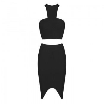 2 Piece Sets Fashion Bandage Dress Strapless Short Crop Top Patchwork Knee-Length Skirts